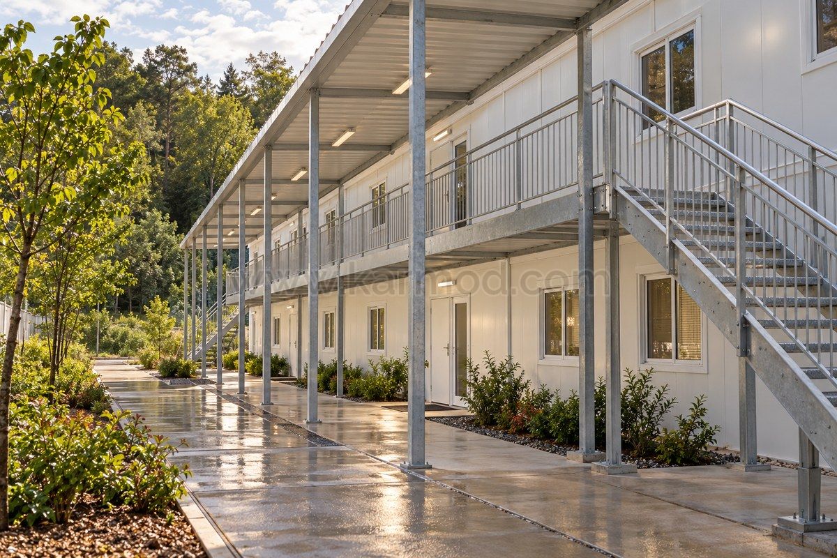 Representación de un pasillo cubierto y porche junto a habitaciones modulares