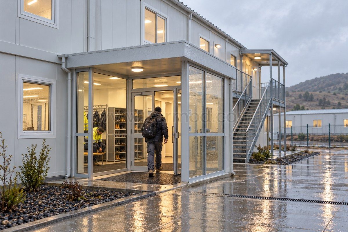 Representación de un vestíbulo acristalado de acceso a un dormitorio modular