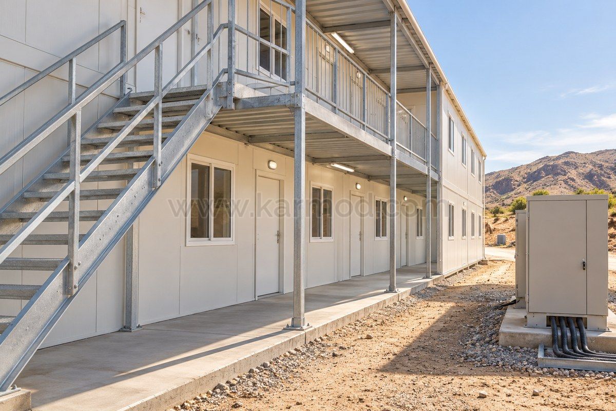 Representación de un paso sombreado de mantenimiento junto a habitaciones modulares