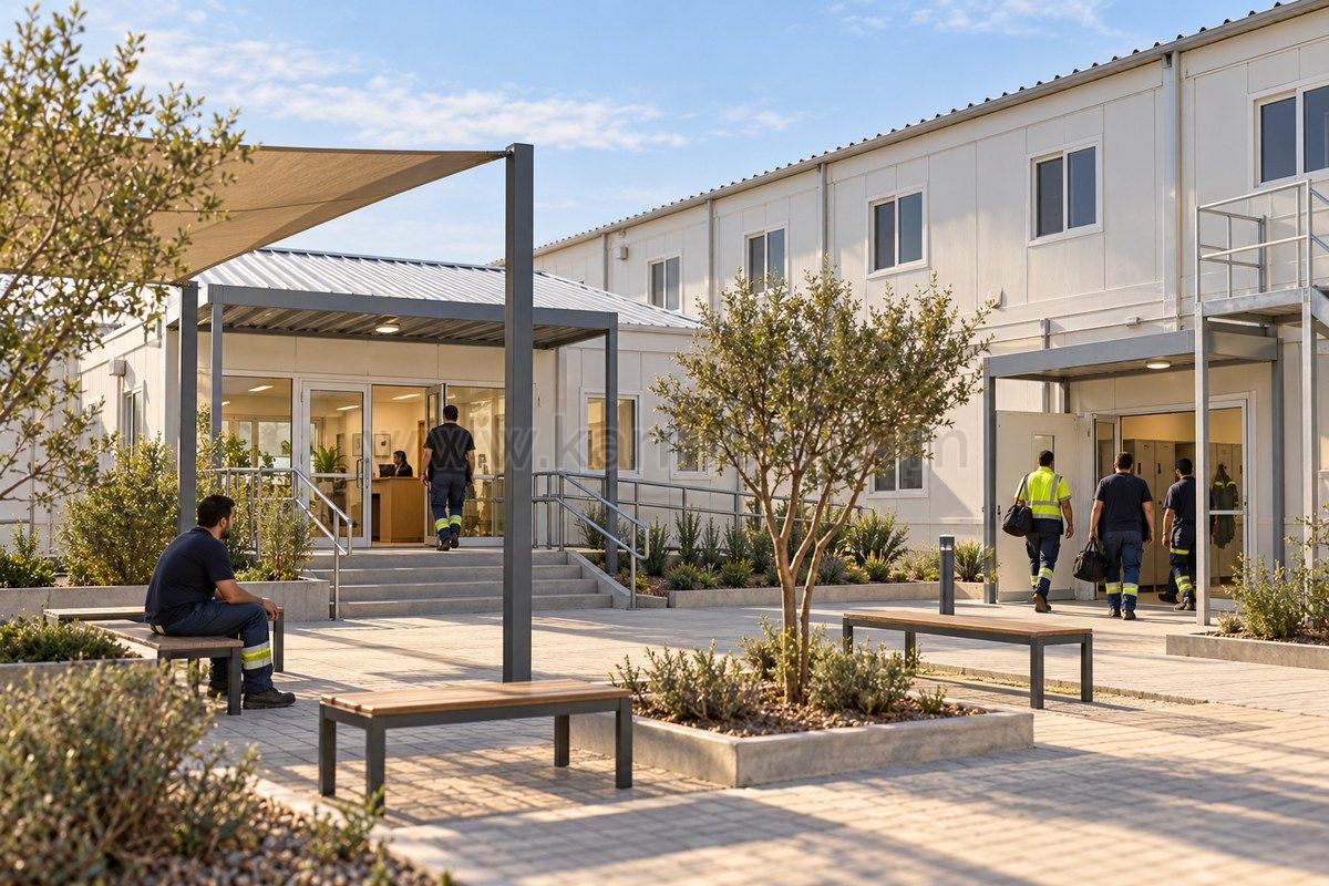 Representación de un patio con zona de sombra y entradas a edificios modulares de alojamiento