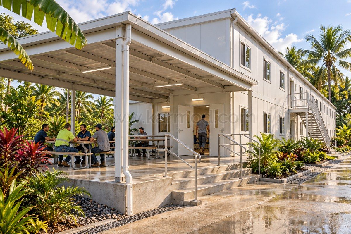 Representación de un porche comunitario cubierto junto a un edificio prefabricado tropical