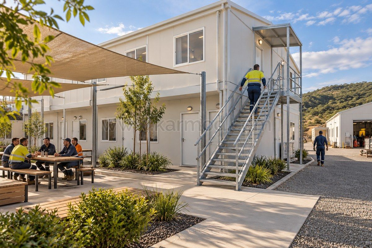 Representación de un patio común sombreado junto a edificios modulares de alojamiento