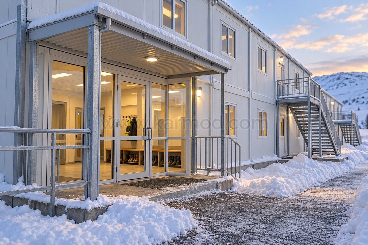 Representación de un vestíbulo de entrada con banco y camino despejado de nieve junto a un dormitorio modular