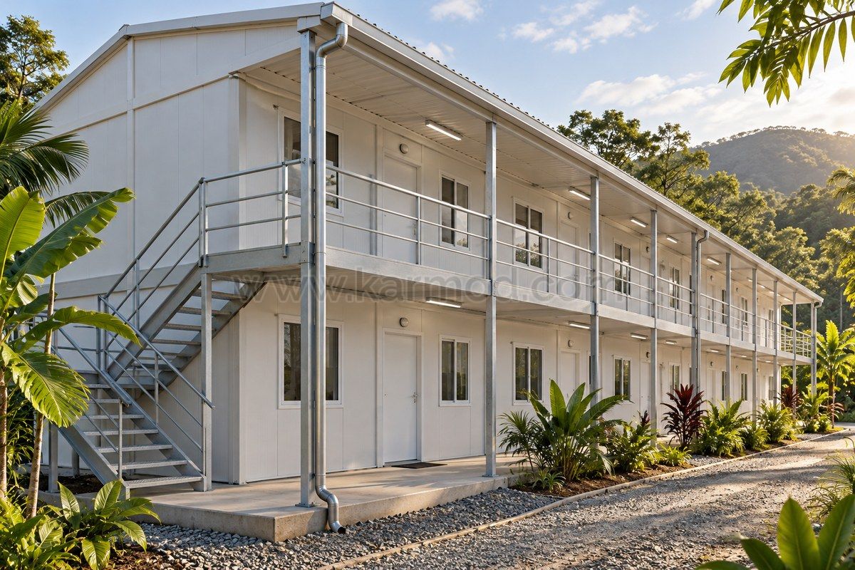 Representación de una veranda cubierta y una bajante junto a habitaciones prefabricadas en vegetación tropical
