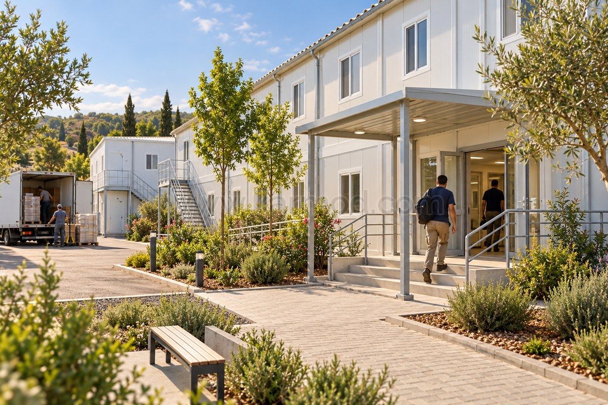Representación de un patio de entregas separado de la entrada de un dormitorio modular