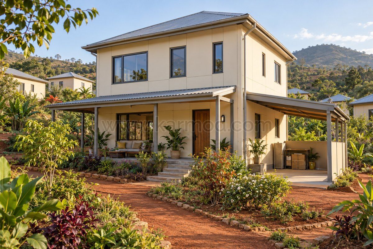 Vivienda de dos plantas con veranda cubierta, zona lateral de recepción y senderos de tierra rojiza