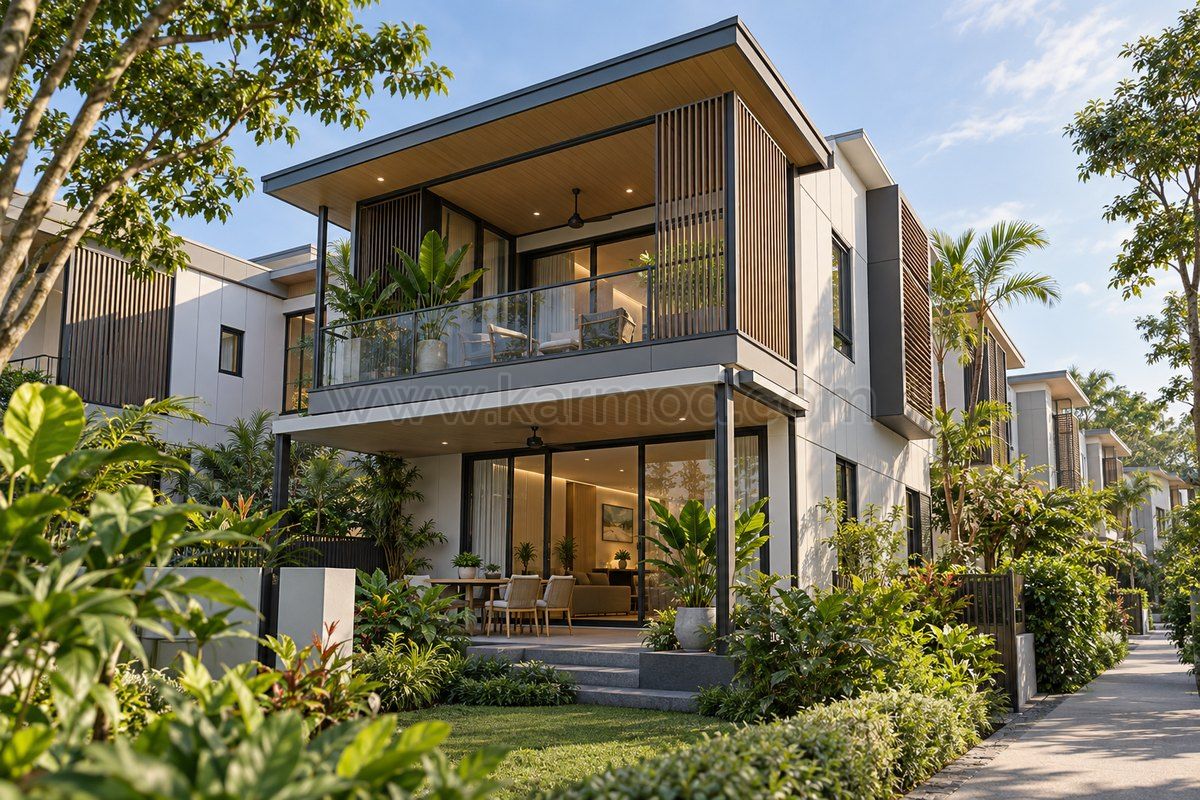 Casa de dos plantas con balcón protegido, pantallas de sombra y terraza rodeada de vegetación tropical