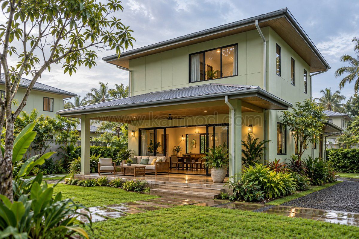Vivienda de dos plantas con veranda cubierta, aleros amplios y jardín tropical
