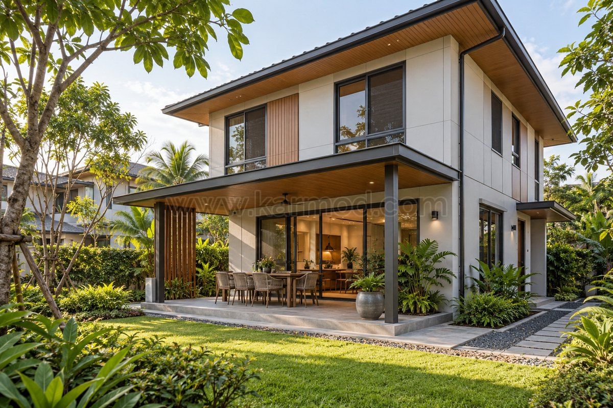 Casa prefabricada de dos plantas con terraza sombreada, ventanas protegidas y pavimento perimetral