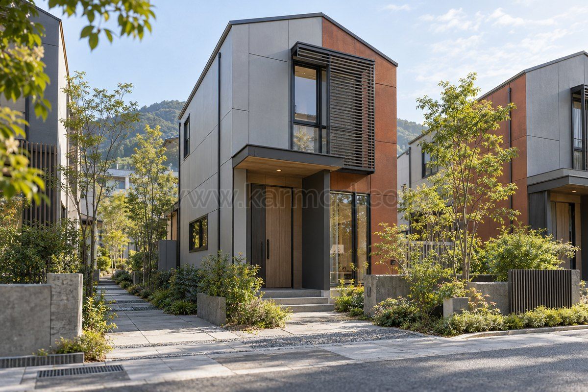 Vivienda estrecha de dos plantas con entrada cubierta, protección solar y fachada gris y terracota