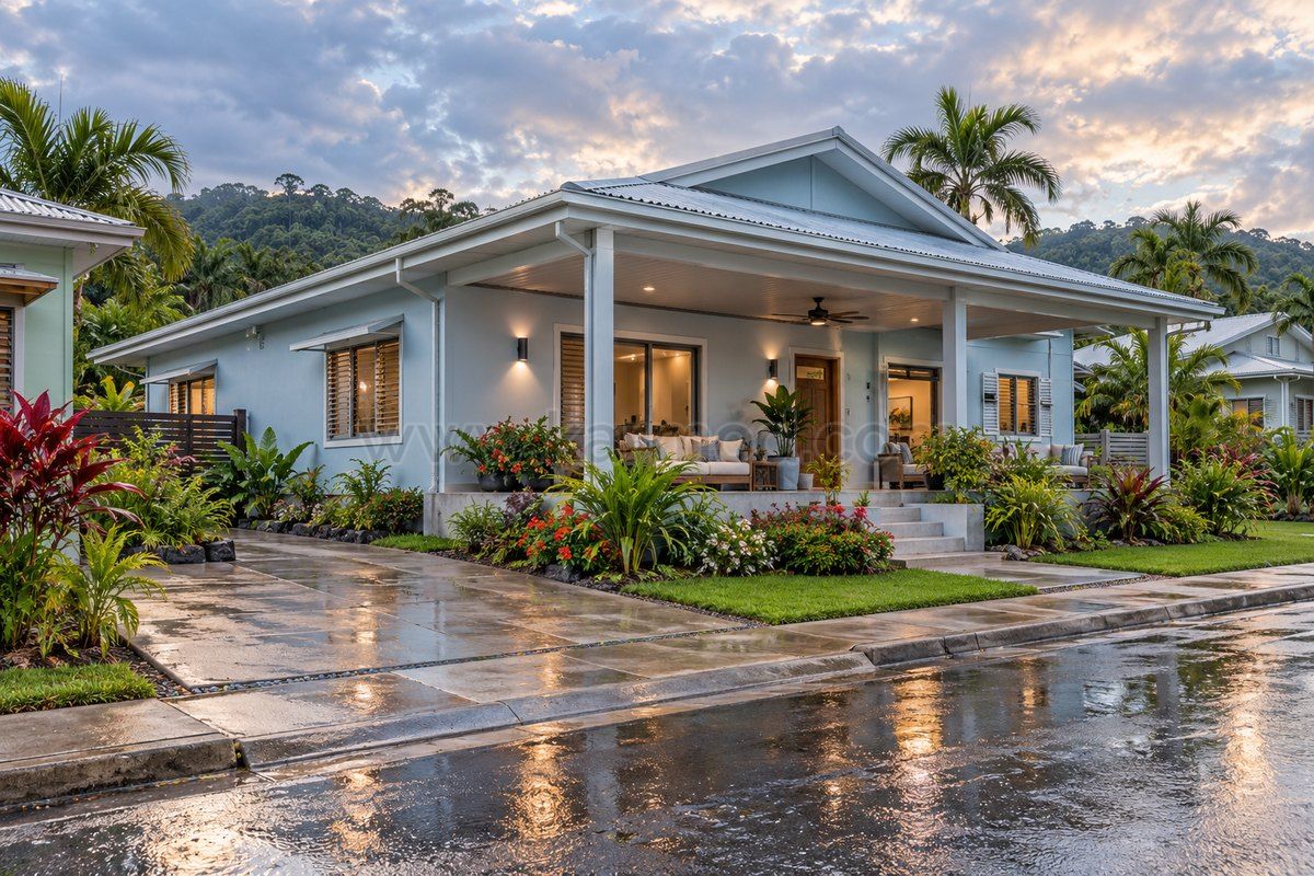 Casa azul de una planta con veranda amplia y ventanas resguardadas frente a un jardín tropical