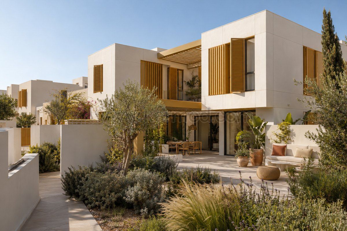 Casa blanca de dos plantas con patio interior sombreado y protecciones solares de color ocre