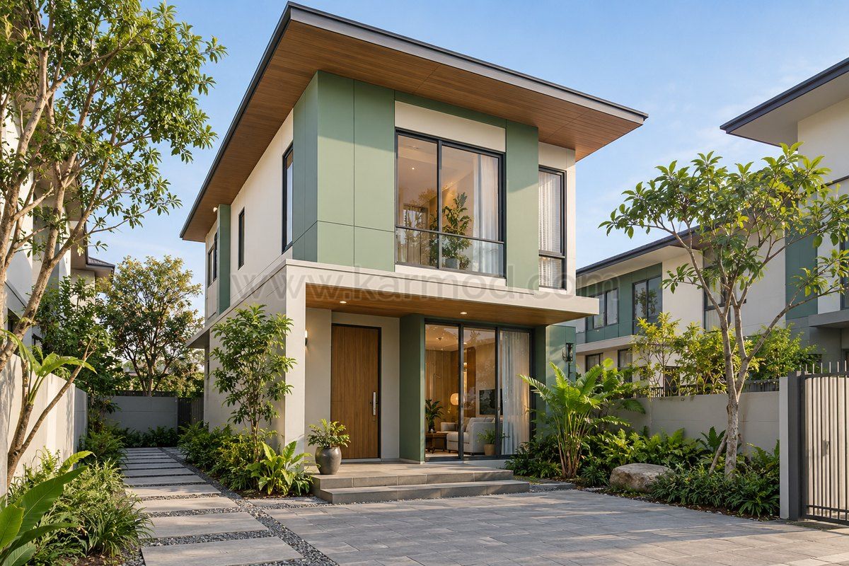 Casa estrecha de dos plantas en tonos jade y blanco con entrada protegida y patio ajardinado