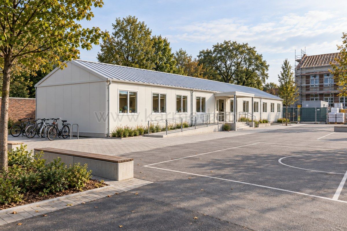 Illustration d’une aile de classes modulaires face à une cour, avec entrée couverte et séparation de la zone de travaux