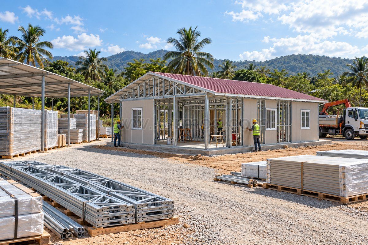 Estructura de vivienda en montaje y componentes resguardados bajo una cubierta provisional