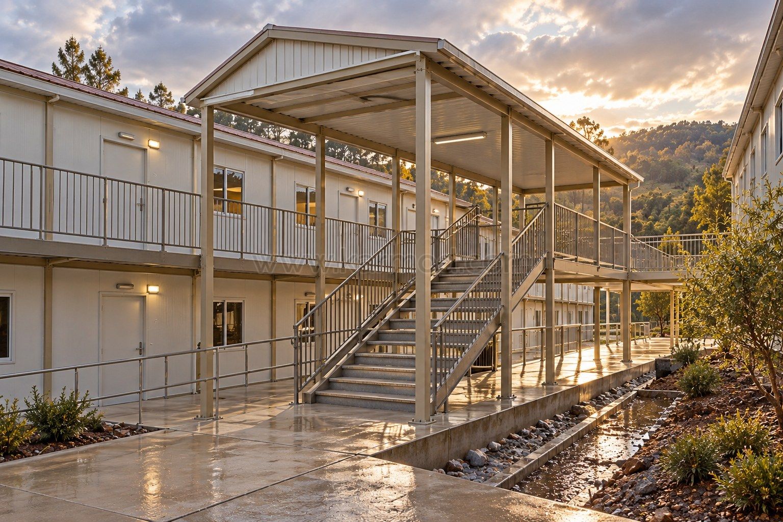 Escalera y paso cubierto entre alojamientos modulares situados en dos niveles del terreno.