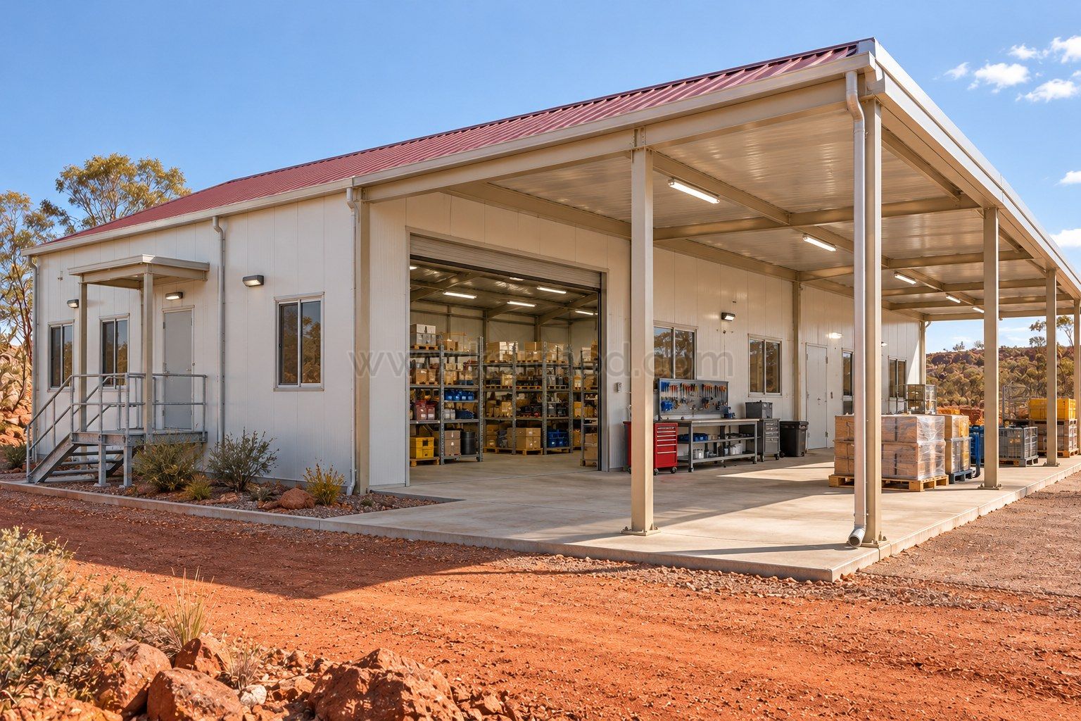Almacén modular de repuestos con estanterías y banco de mantenimiento bajo una zona cubierta.