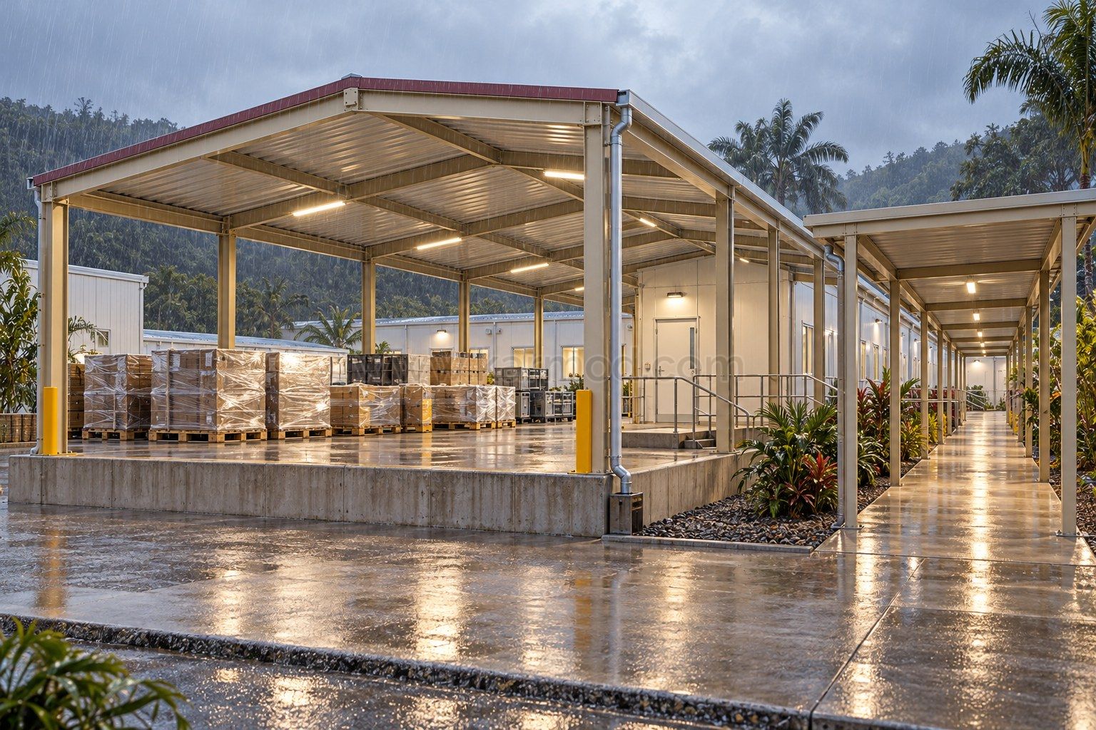 Zona de recepción cubierta con palés protegidos, plataforma elevada y paso peatonal separado.