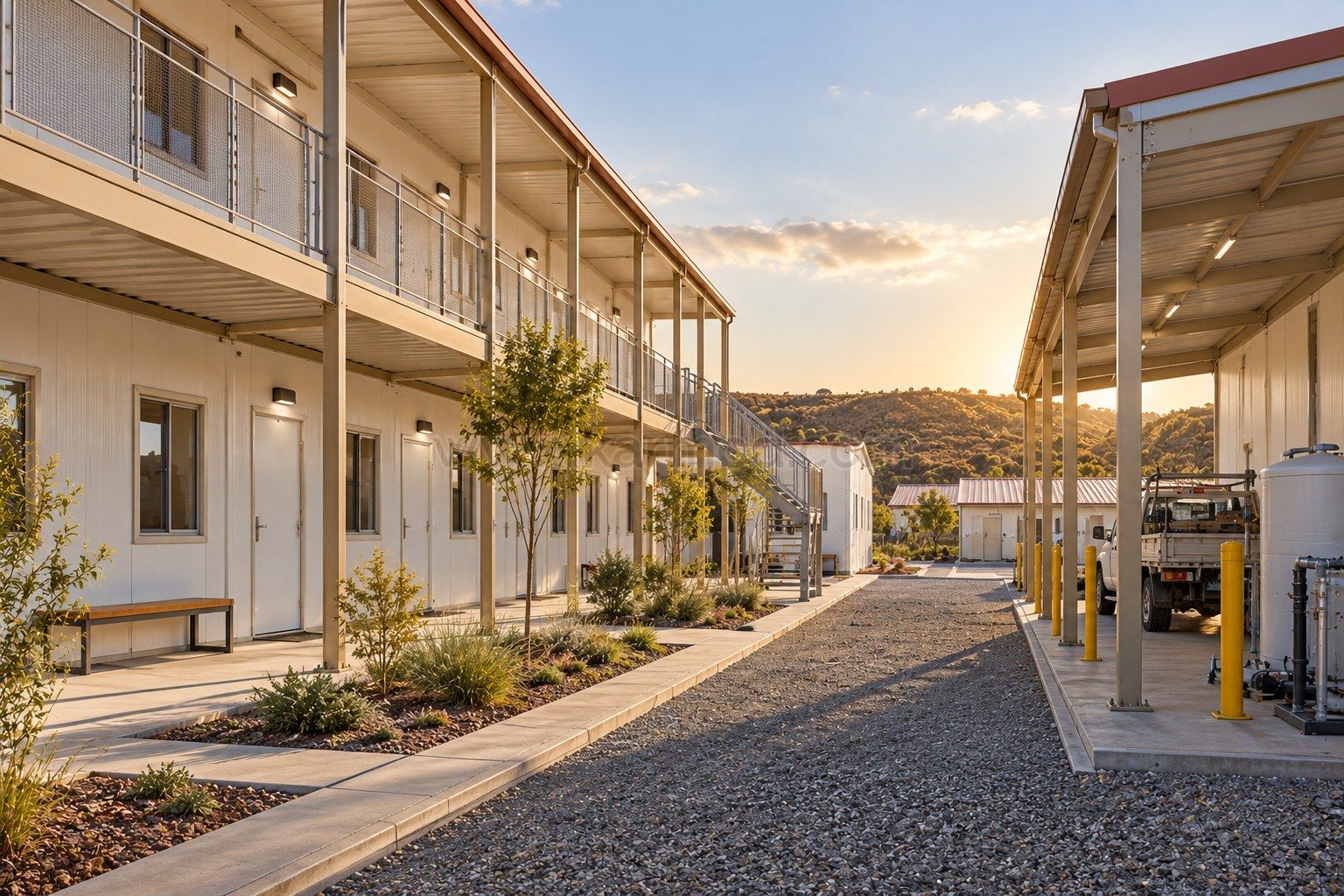 Pasillo de alojamiento modular con acceso independiente a una zona exterior de mantenimiento.