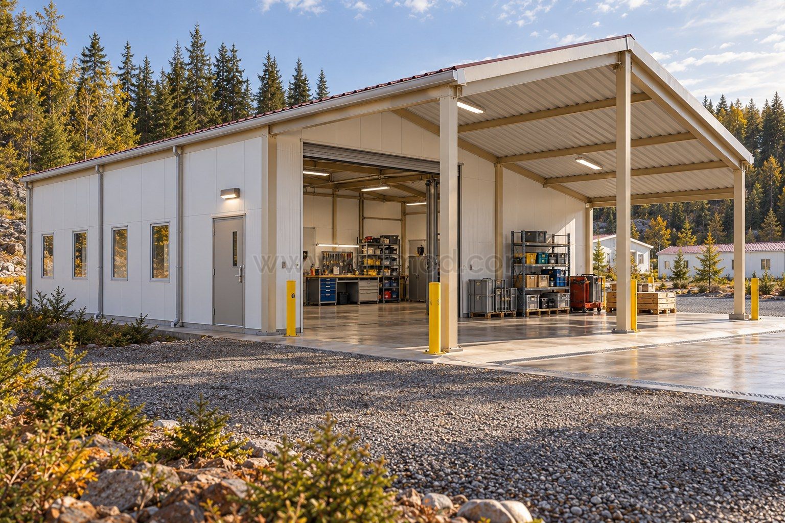 Taller modular de servicio con banco de trabajo, repuestos y recepción cubierta.