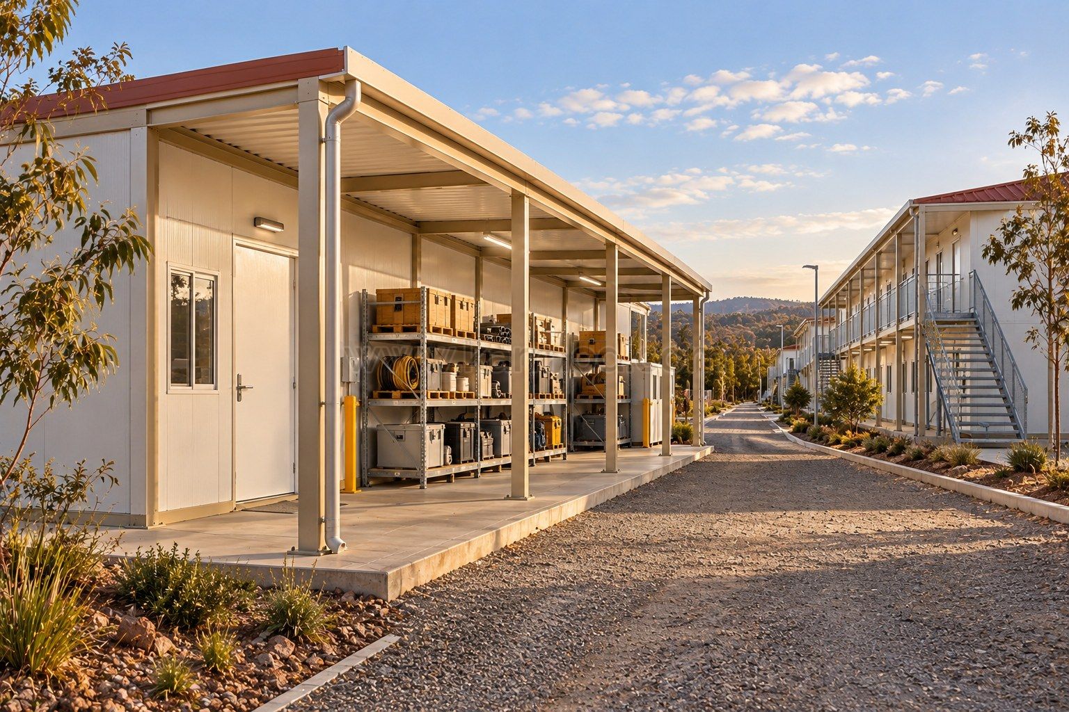 Almacén modular con repuestos protegidos y acceso de mantenimiento separado del alojamiento.