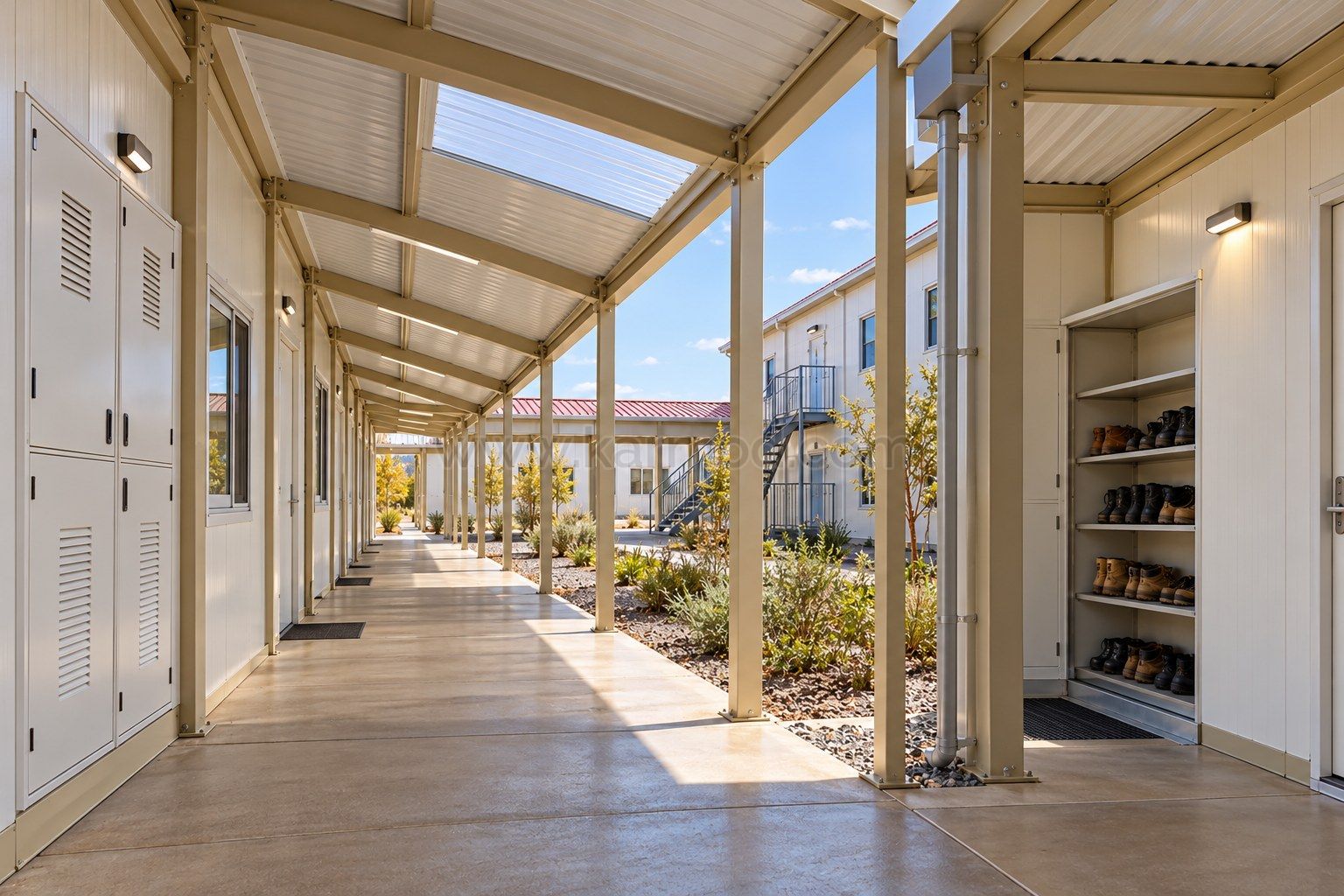 Galería cubierta entre edificios modulares con puertas laterales y almacenamiento para botas.