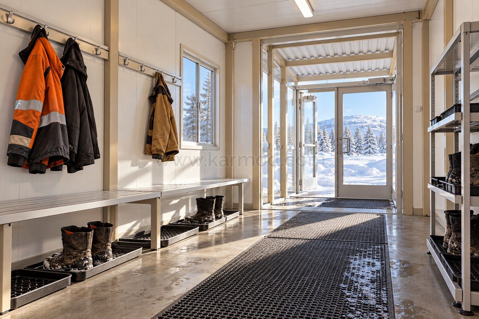 Vestíbulo modular de secado con banco y espacio para botas junto a una entrada protegida de nieve.