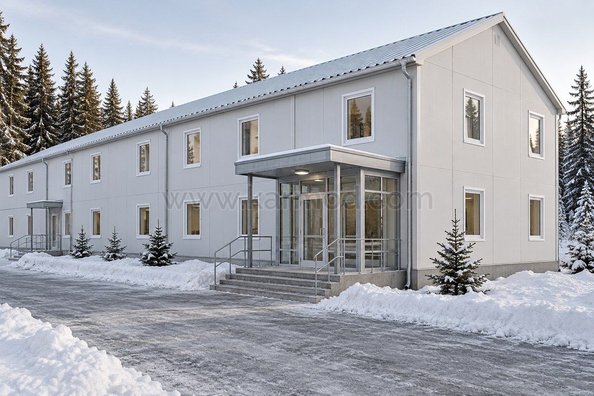 Entrada con vestíbulo acristalado a un dormitorio modular junto a la nieve