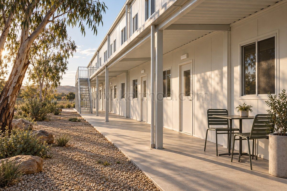 Galería cubierta junto a dormitorios modulares y una escalera exterior