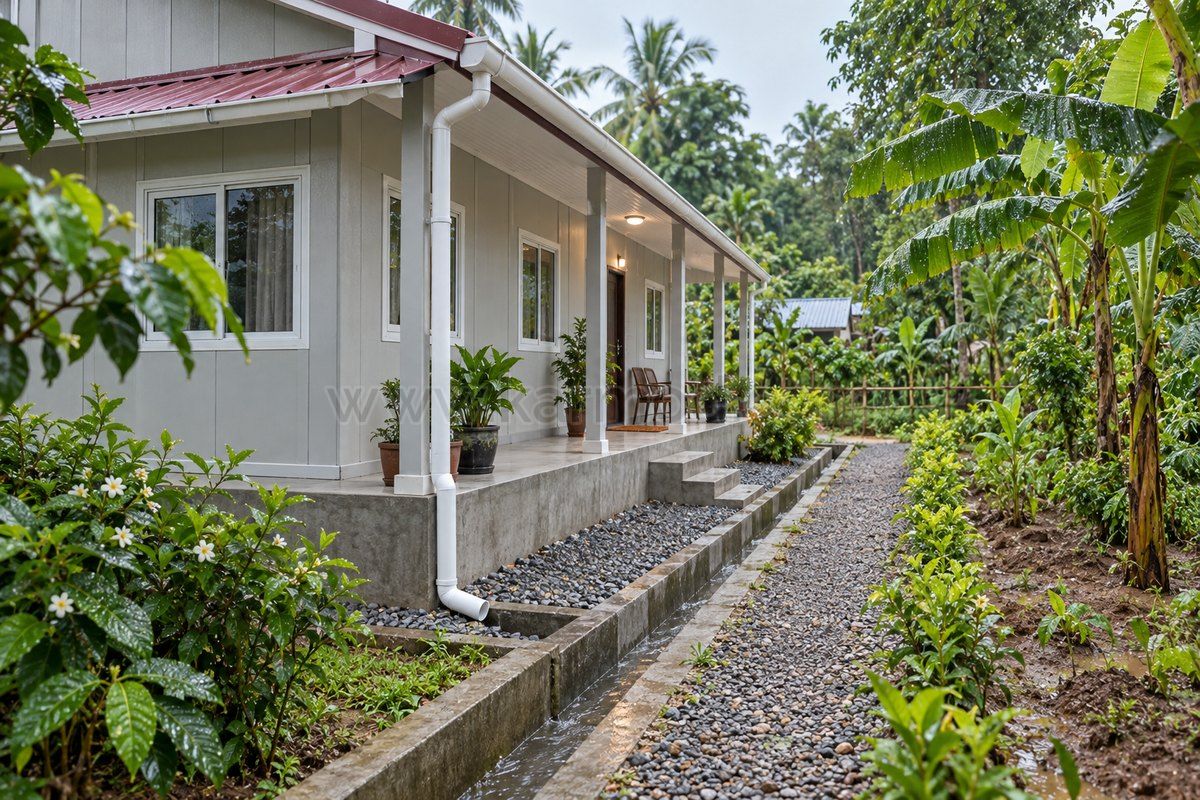 Base elevada, canalón y drenaje junto a una casa prefabricada, propuesta para Bangladesh