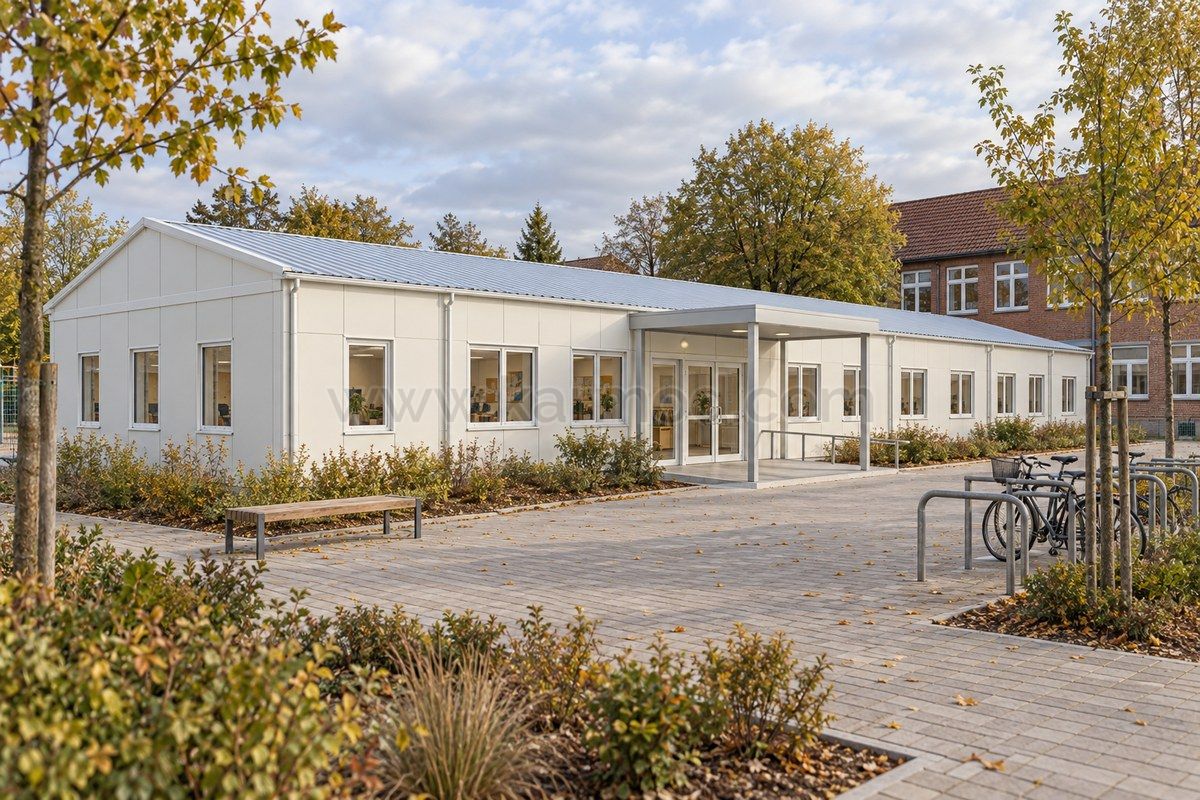 Illustration d’une annexe scolaire modulaire de plain-pied, avec entrée abritée et cour pavée
