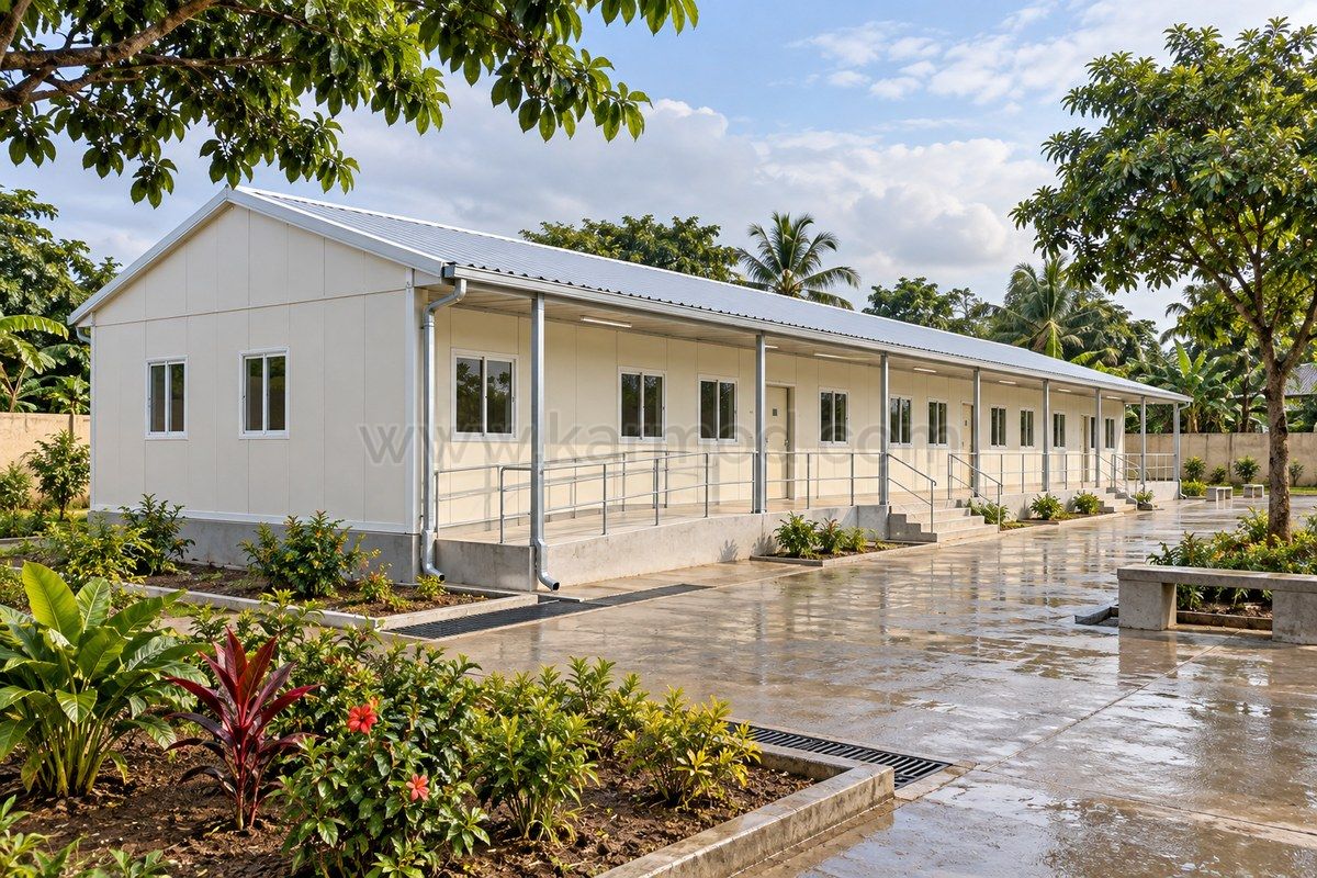 Illustration d’un bâtiment scolaire modulaire avec galerie couverte, rampe et évacuation des eaux de toiture