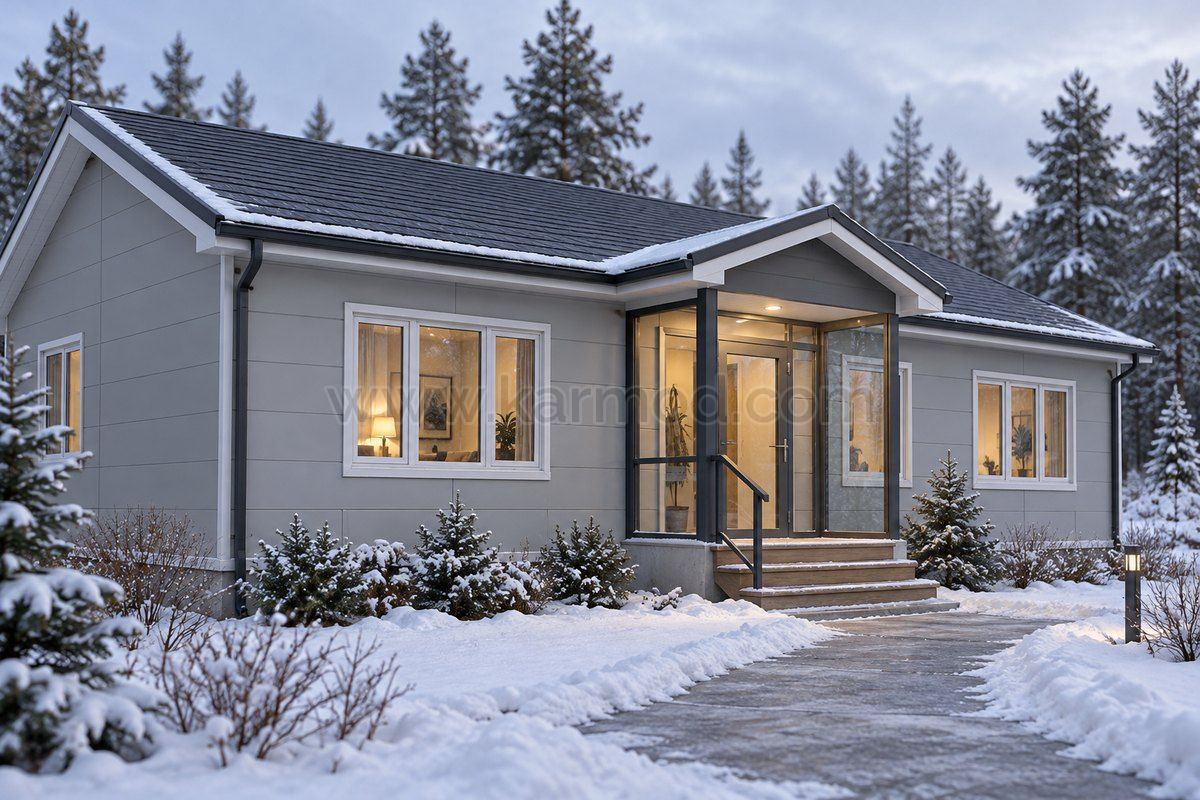 Entrada acristalada y protegida de una casa prefabricada en un entorno invernal canadiense