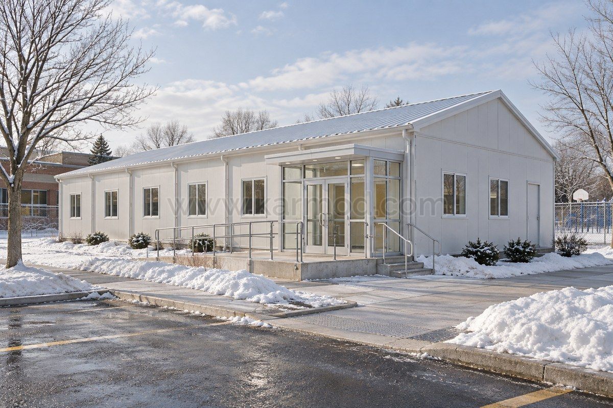 Illustration d’une annexe scolaire modulaire avec sas d’entrée et rampe dégagée dans un paysage hivernal