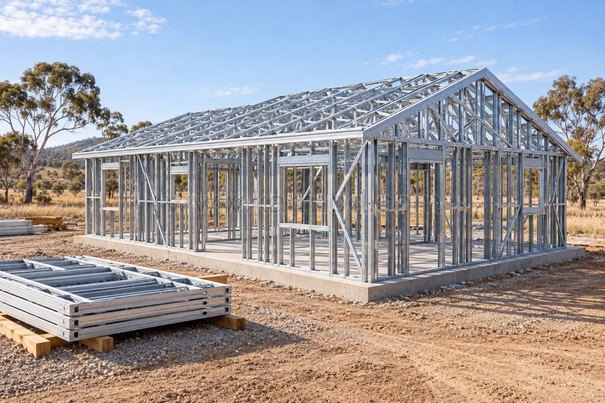 Visualización de una vivienda de una planta con estructura de acero galvanizado y cerchas de cubierta durante el montaje.