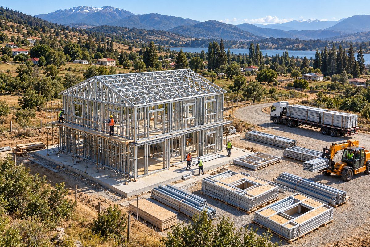 Estructura de acero de dos plantas durante el montaje, con componentes preparados y acceso para camión