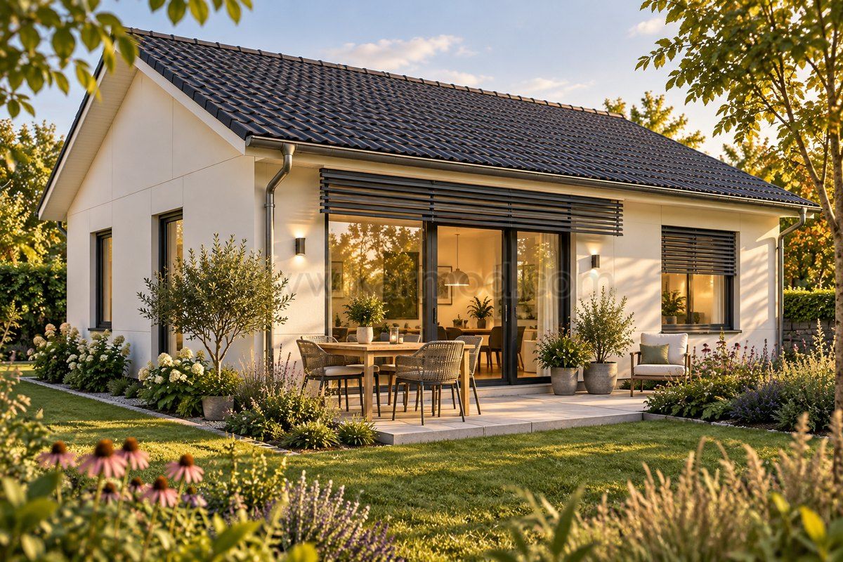 Fachada de una casa prefabricada con ventanas y protección solar exterior, propuesta para Alemania