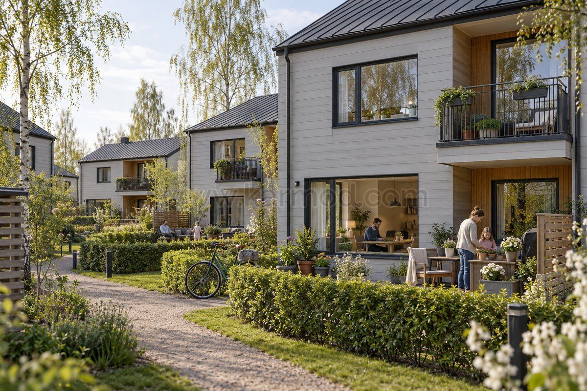 Zweigeschossige Fertighäuser mit einem hellen Arbeitsbereich im Erdgeschoss, privaten Gartenterrassen und einem gemeinsamen Wohnweg