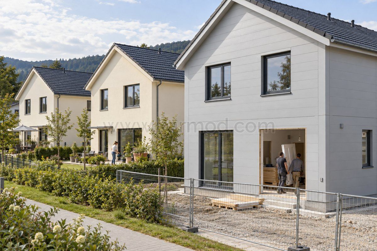 Zweigeschossiges Fertighaus mit fertiggestellter Fassade und laufenden Ausbauarbeiten neben bereits bewohnten Häusern einer kleinen Wohnanlage