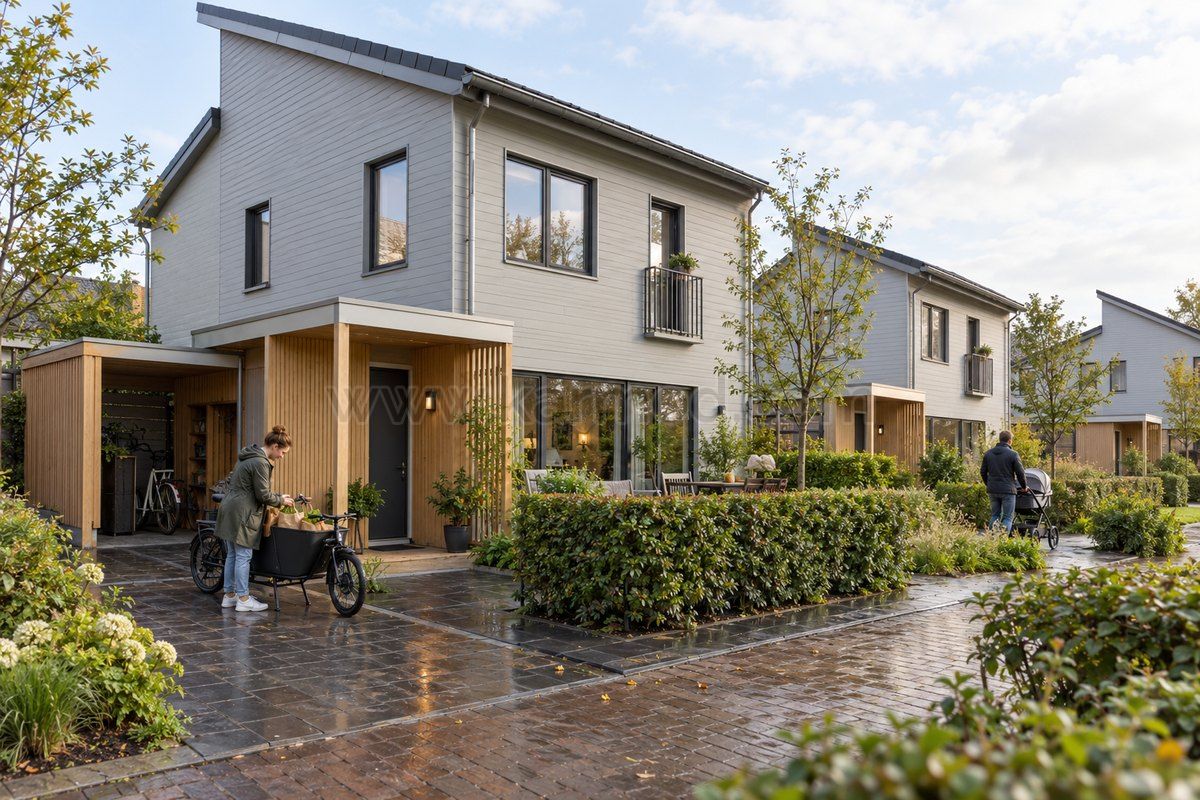 Zweigeschossige Fertighäuser mit überdachtem Fahrradabstellplatz, einem breiten Hauseingang und privaten Gartenterrassen