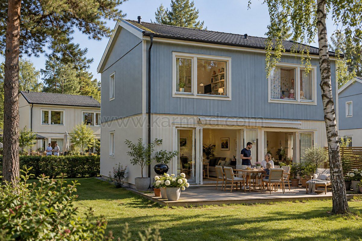 Zweigeschossige Häuser mit gut belichteten Zimmern und einer Familie vor der Gartenterrasse