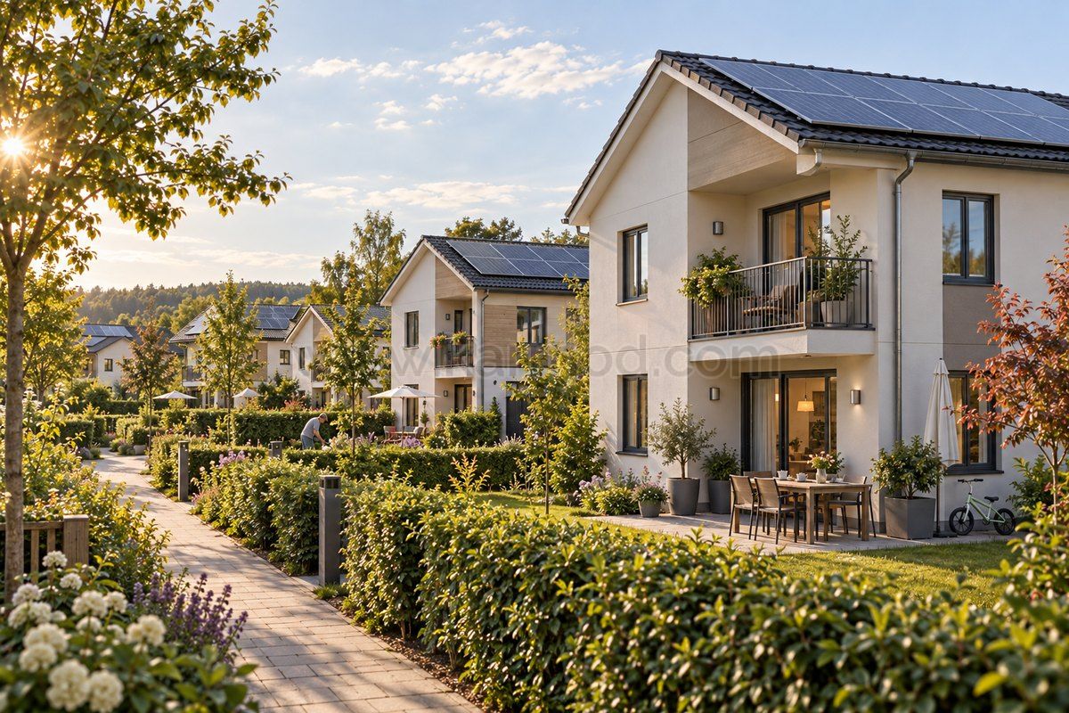 Zweigeschossige Fertighäuser mit privaten Gärten und Photovoltaikdächern in einem deutschen Wohnquartier