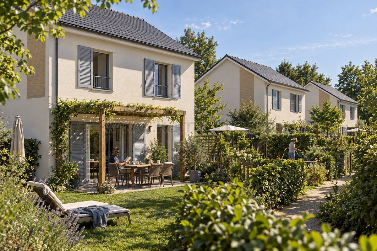 Zweigeschossige Fertighäuser mit privaten Terrassen, Fensterläden und Gärten in Frankreich