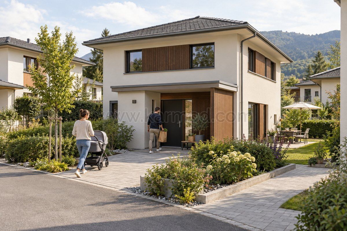 Zweigeschossige Häuser mit gut erreichbarem Erdgeschoss, breitem Eingangsweg und direktem Gartenzugang