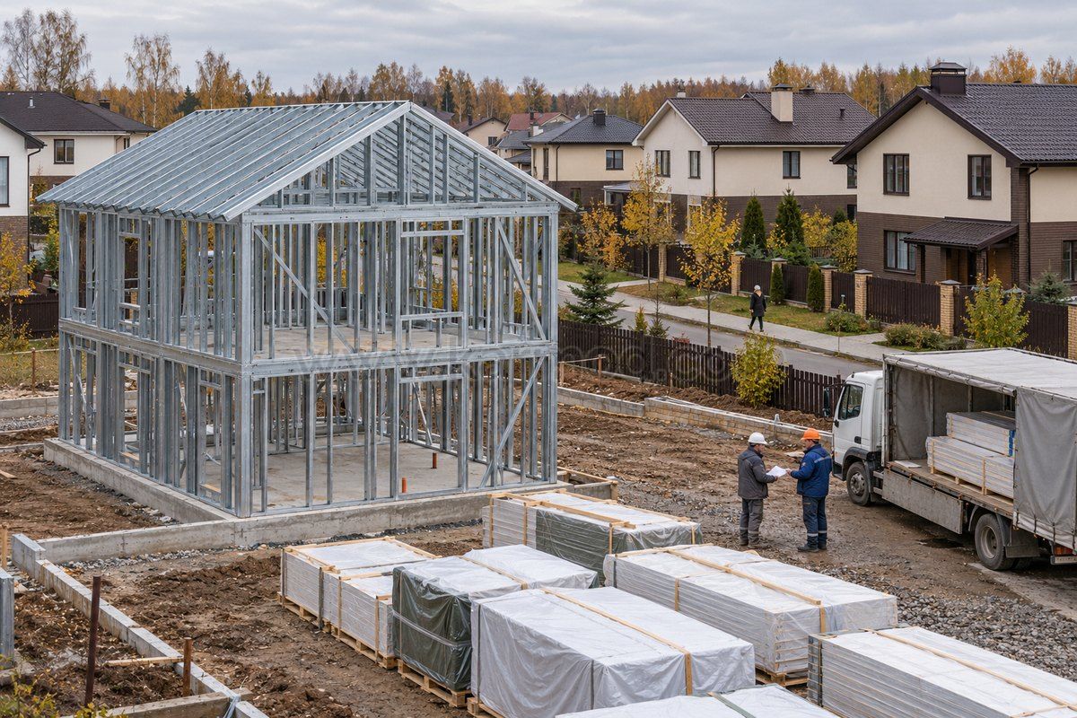 Geordnet vorbereitete und abgedeckte Bauteile neben einem zweigeschossigen Haus mit bewohnten Nachbarhäusern