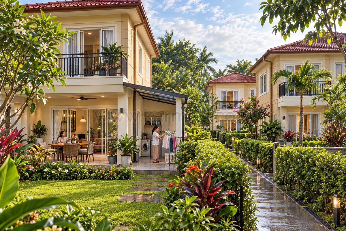 Zweigeschossige Fertighäuser mit geschützter Terrasse, seitlichem Waschbereich und tropischen Gärten für ein Wohnvorhaben in Indonesien