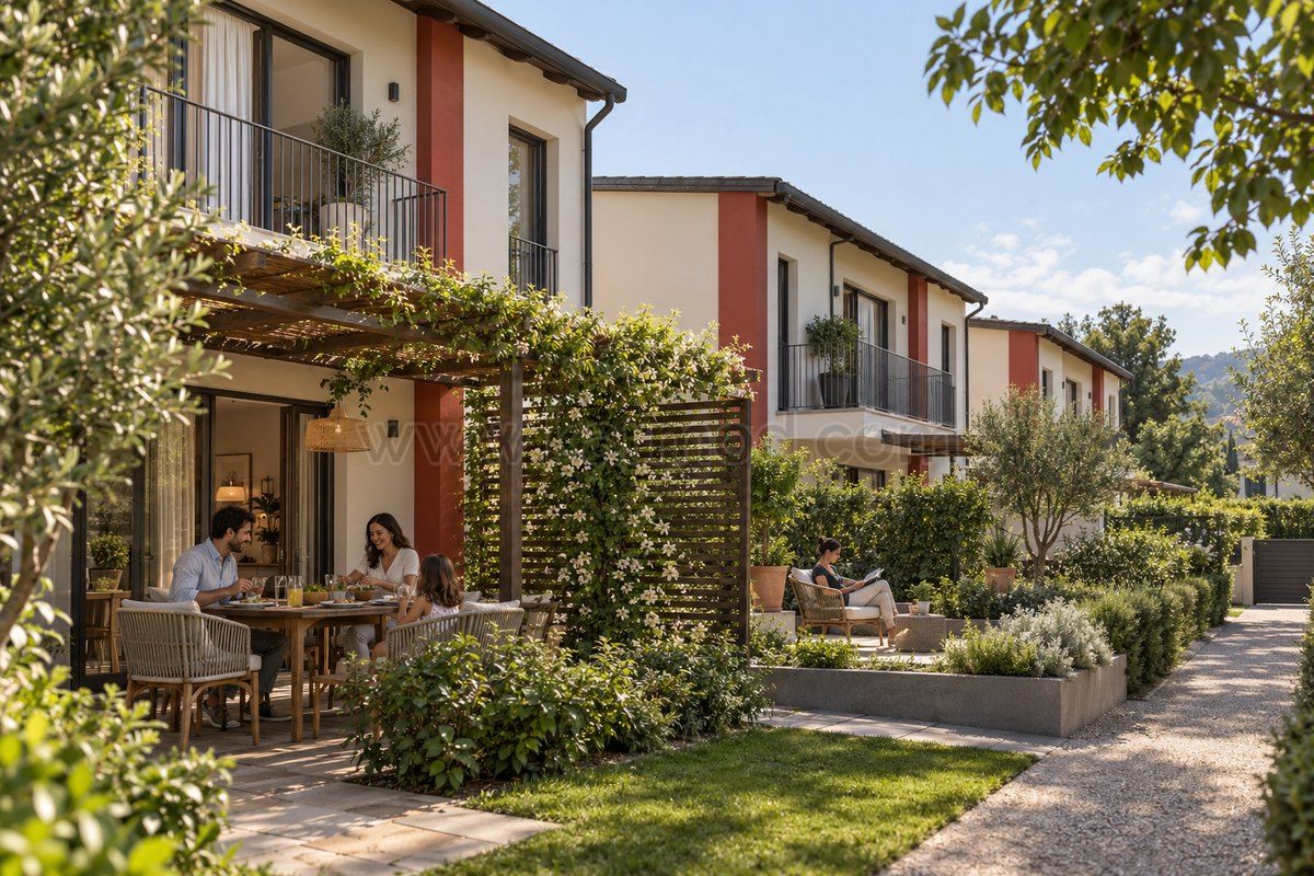 Zweigeschossige Fertighäuser mit versetzten Gartenterrassen, seitlichem Sichtschutz und begrünten Pergolen