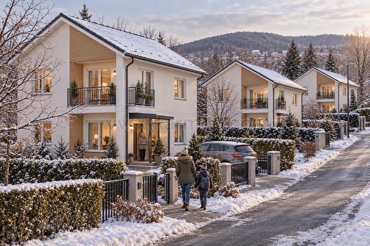 Bewohnte bulgarische Wohnanlage im Winter mit zweigeschossigen Fertighäusern und geräumten Zugangswegen.