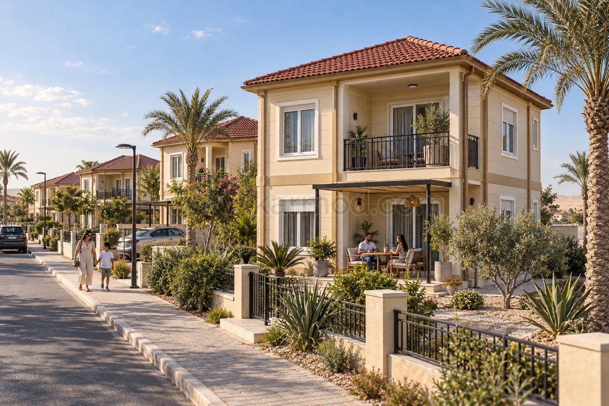 Zweigeschossige Fertighäuser mit überdachter Terrasse, Balkon und begrünten Vorgärten für eine Wohnanlage in Ägypten.