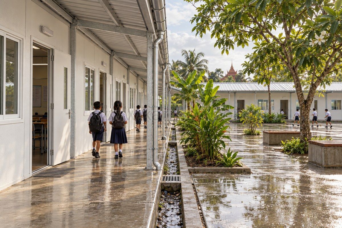 Illustration d’une galerie couverte de classes modulaires avec gouttière et évacuation des eaux